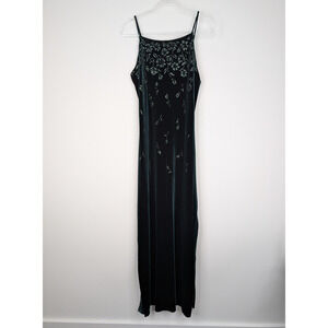 Vintage Y2K Status Collection Dress Large Green Velvet Floral Glitter Maxi Slit